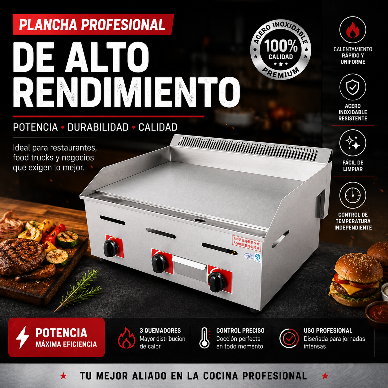 (LLEGANDO 10 DE JULIO) Plancha a Gas de Acero Inoxidable de 3 Quemadores 73cm HGG-730
