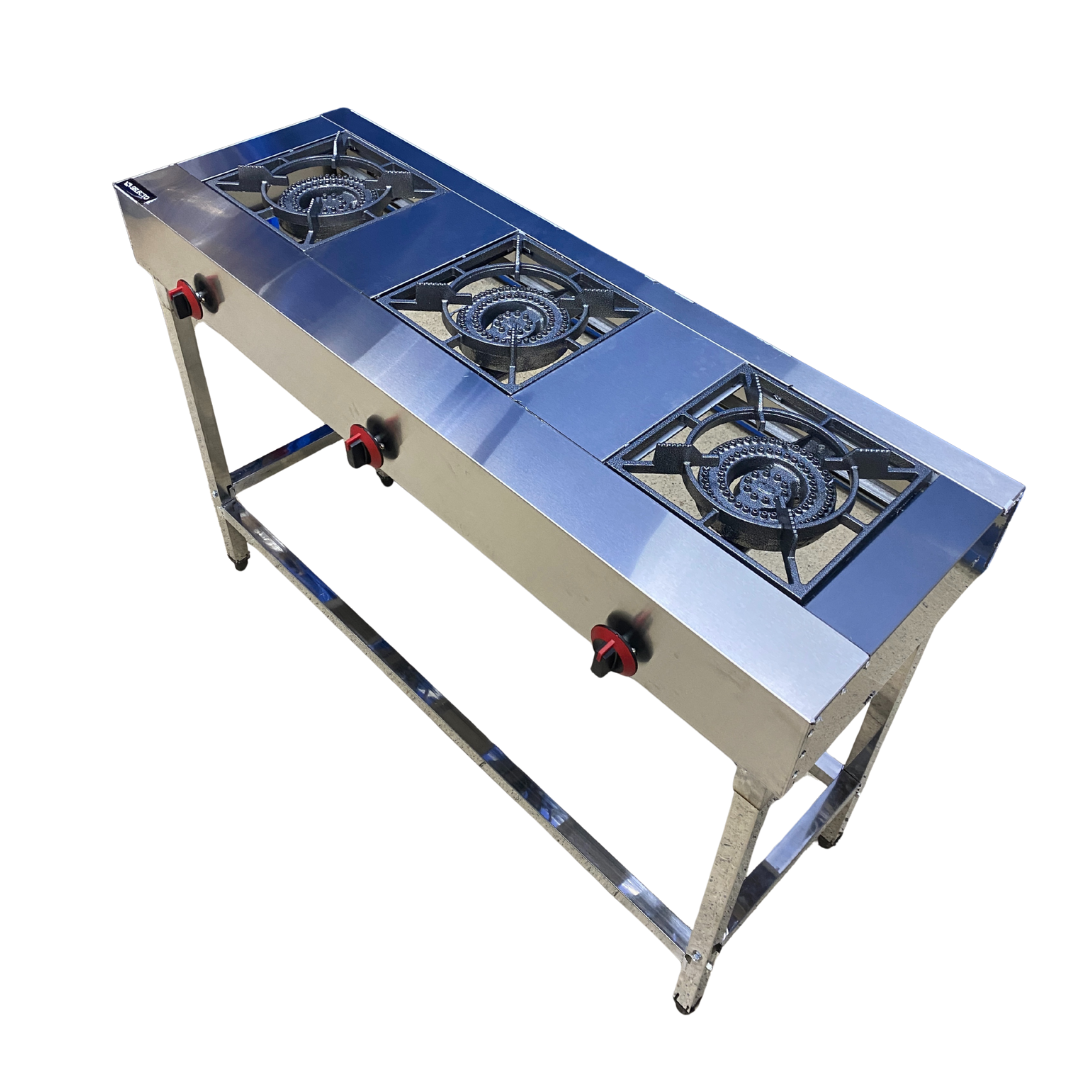 Estufa de 3 Quemadores Lineal a Gas en Acero Inoxidable con Patas 83x120x40cm ACI-300 Industrial.