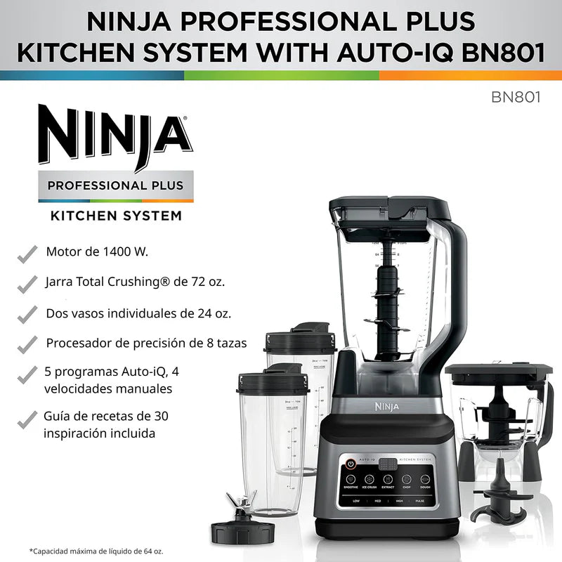 Licuadora 3 En 1 Professional Plus Kitchen System. Sistema De Cocina BN801 De 1400 W. 4 Velocidades Y 5 Programas Iq. Ninja NJS-04-BN801 NINJA