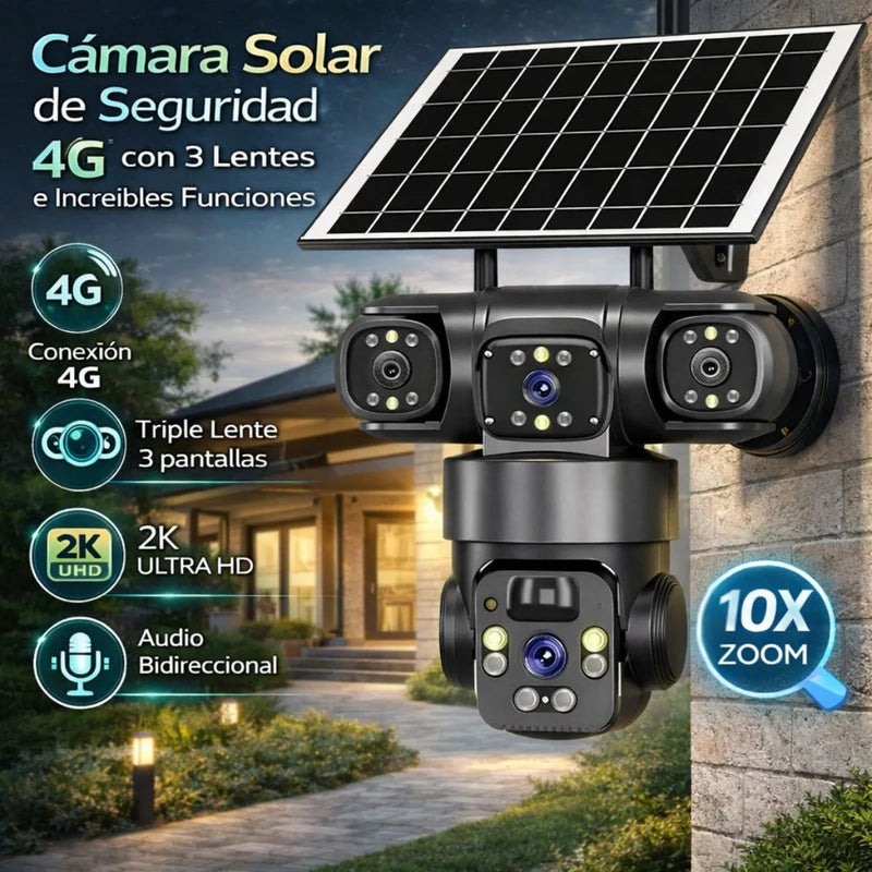 Cámara De Seguridad Solar 4G. Triple Lente 12MP 2K IP66 PTZ 360°. Zoom