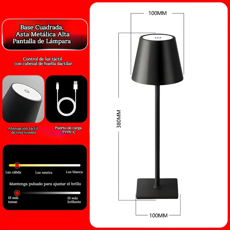 Lámpara LED De Mesa Portátil E Inalámbrica. Diseño Moderno Con Base Cuadrada. 3 Tonos De Luz. Control Táctil Con Atenuación Continua. Color Negro. Usado En Restaurantes LT262