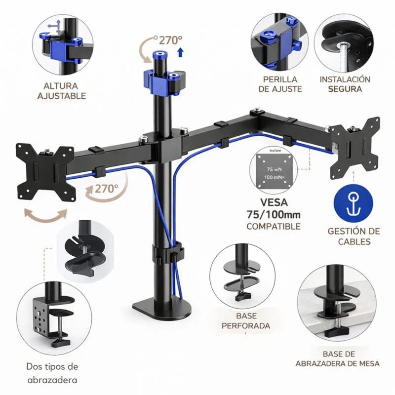 Soporte De Pantalla Monitor Con Doble Brazo Giratorio Ajustable (Hasta 40 Cm). Base De Doble De Monitor Con Brazos Articulados. Color Negro. LT425