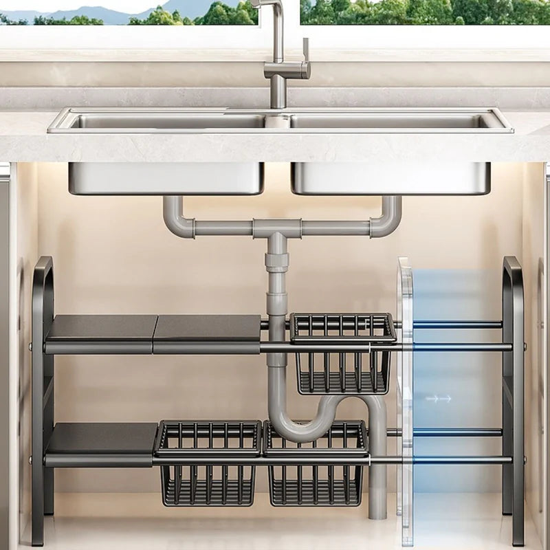 Estante Organizador Ajustable De 2 Niveles. Repisa De Almacenamiento Para Debajo Del Fregador De 4 Cestas Y 4 Paneles (48.5X24.7X88cm). Color Negro. LT450