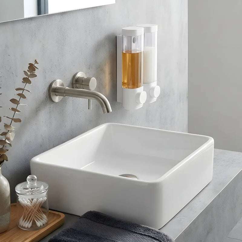 Dispensador De Jabón Líquido 600Ml. Doble Dosificador De Shampoo O Gel Para Pared De Baño O Ducha. Color Blanco. LT490