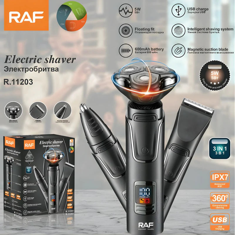 Afeitadora Eléctrica 3 En 1 Recargable USB Con Pantalla Digital. Máquina De Afeitar Impermeable IPX7 Con Cabezales Intercambiables. R.11203 RAF