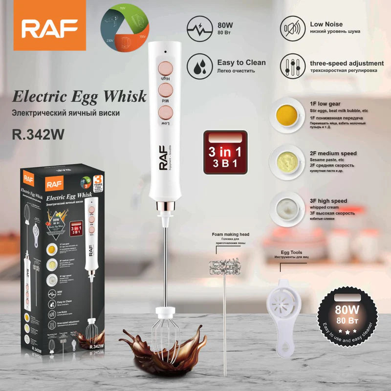 Batidora Eléctrica 3 En 1 USB 80W. Batidor De Mano Recargable Y Espumadora De Leche. Incluye Accesorios Intercambiables. R.342W RAF