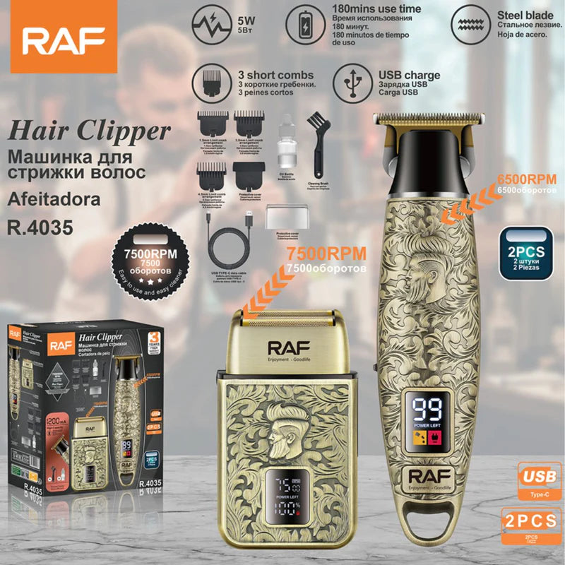 Cortadora De Cabello Eléctrica Profesional. (Set De 2 Piezas) Afeitadora Recargable USB Con Cuchilla De Acero Y Pantalla Digital. 7500RPM. R.4035 RAF