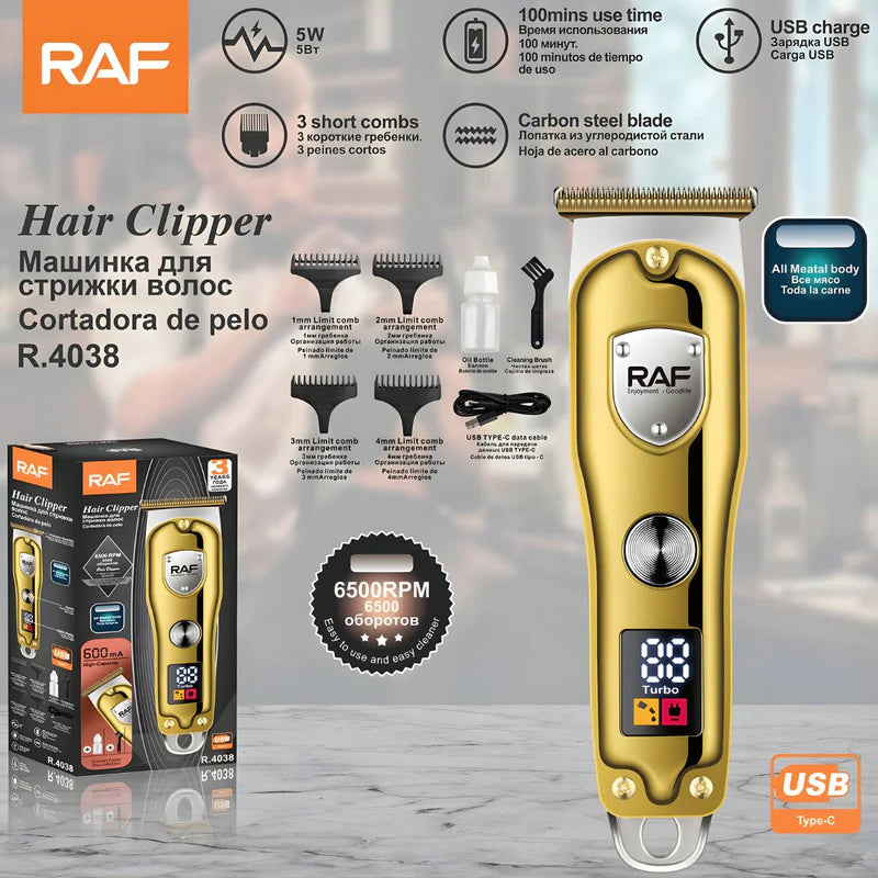 Cortadora De Cabello Eléctrica Profesional 6500RPM Recargable USB-C. Cuchilla De Acero Al Carbono Y Pantalla Digital. R.4038 RAF