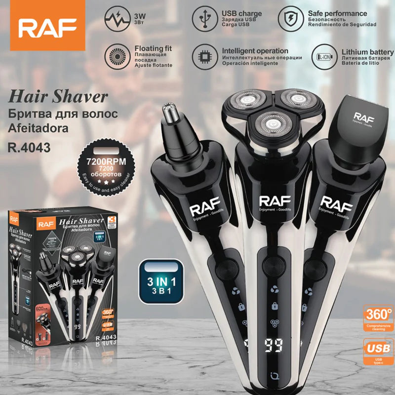 Afeitadora Eléctrica 3 En 1 Recargable USB Con Pantalla Digital. Máquina De Afeitar Multifuncional 7200RPM Con Cabezales Intercambiables. R.4043 RAF