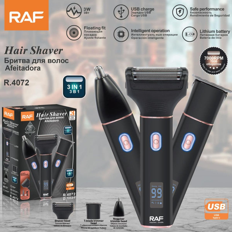 Afeitadora Eléctrica 3 En 1 Recargable USB 7000RPM. Rasuradora Multifuncional Con Cabezales Intercambiables Para Barba, Nariz Y Patillas. R.4072 RAF