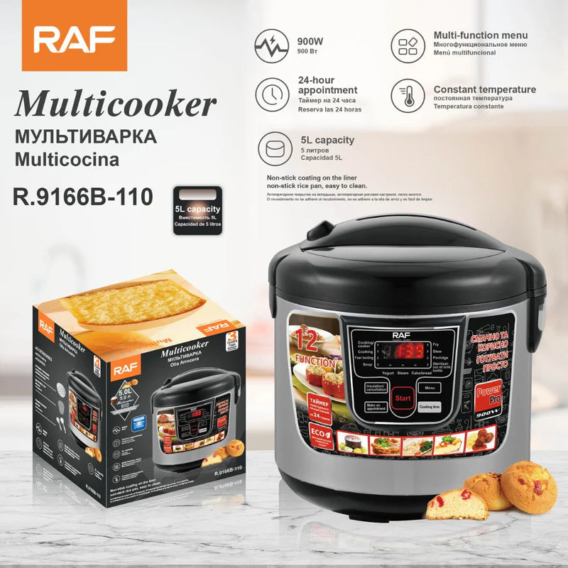 Olla Arrocera Eléctrica 5L. Olla Multifuncional 900W Con 12 Programas Automáticos Y Temporizador 110V. R.9166B-110 RAF