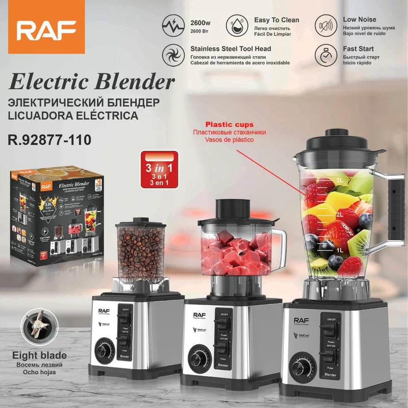 Licuadora Eléctrica 3 En 1. Blender De 3L Con Cuchillas De Acero Inoxidable 110V. Ideal Para Licuar, Moler Y Picar 2600W. R.92877-110 RAF