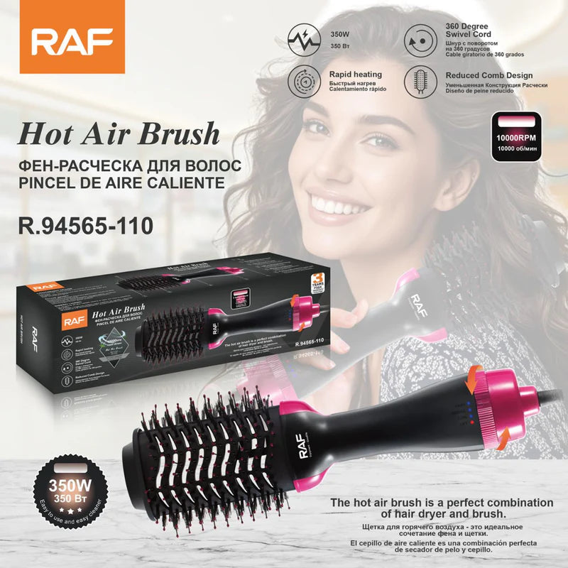 Cepillo De Aire Caliente Para Cabello 350W 110V. Secador Y Cepillo 2 En 1 Con Diseño Antienredos Y Calentamiento Rápido. R.94565-110 RAF