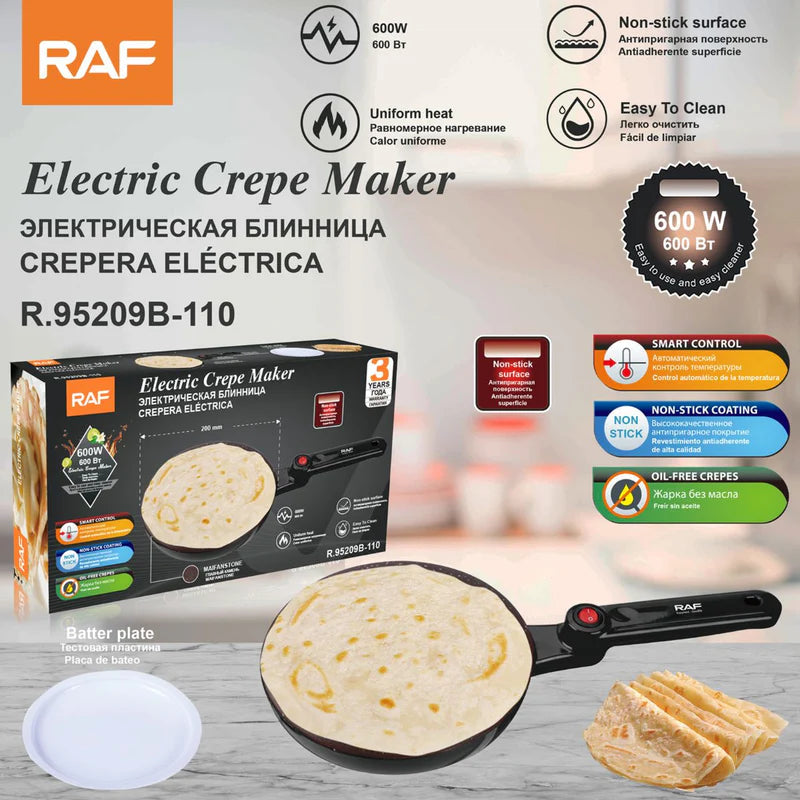 Crepera Eléctrica 600W Plancha Cerámica Antiadherente Para Crepas, Panqueques Y Tortillas 110V. R.95209B-110 RAF