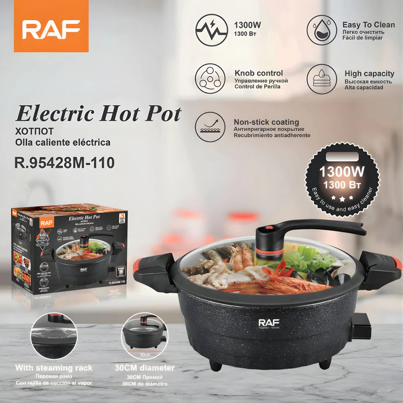 Olla Eléctrica Multifuncional 6L. Sartén Eléctrico Antiadherente 1300W. Control De Temperatura Y Rejilla Para Cocción Al Vapor 110V. R.95428M-110 RAF