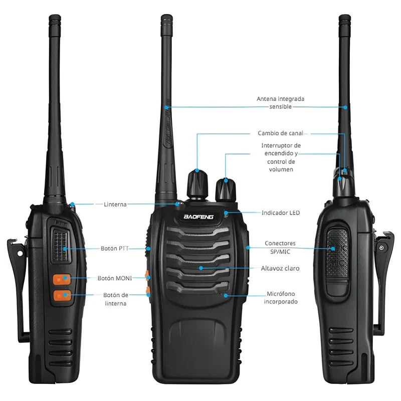 Radios Walkie Talkie De 2 Vías Y 16 Canales. Recargables Con Base De Carga. Color Negro (Pack De 4). TU210