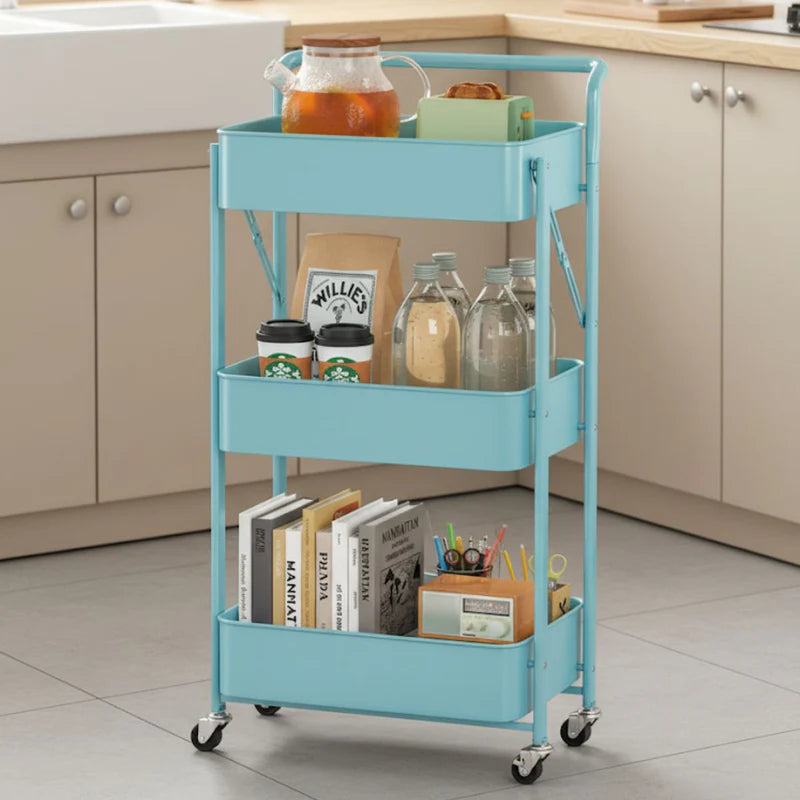 Carrito Organizador De 3 Niveles Con Ruedas. Estantería Plegable De Almacenamiento. Estante Organizador. Color Celeste. TU315