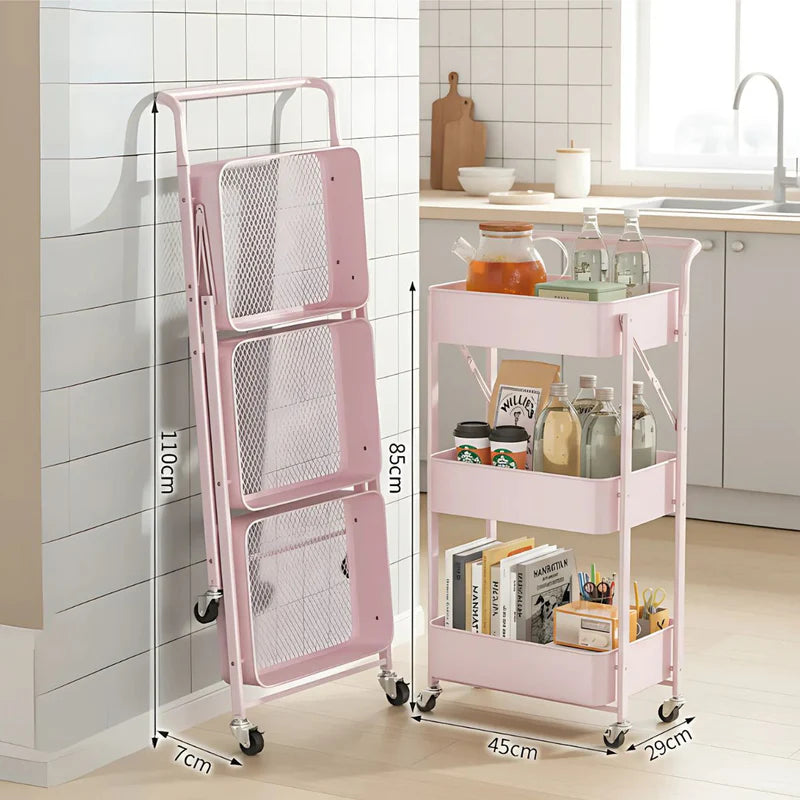 Carrito Organizador De 3 Niveles Con Ruedas. Estantería Plegable De Almacenamiento. Estante Organizador. Color Rosado. TU316