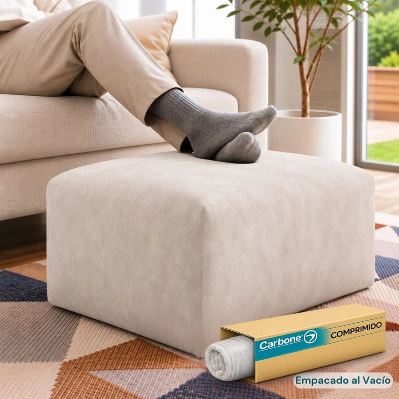 Ottoman Empacado Al Vacío Con Espuma 32D De Alta Densidad (65X48x27cm). Puff Reposapiés. Color Beige Claro. UN-6019OA