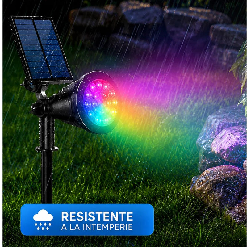 Foco Lampara Solar Para Césped O Pared 18LED RGB. Lampara Negra Con Panel Sol Integrado. Reflector Solar Para Jardín. Ilumina Hasta 7 Metros. UR227