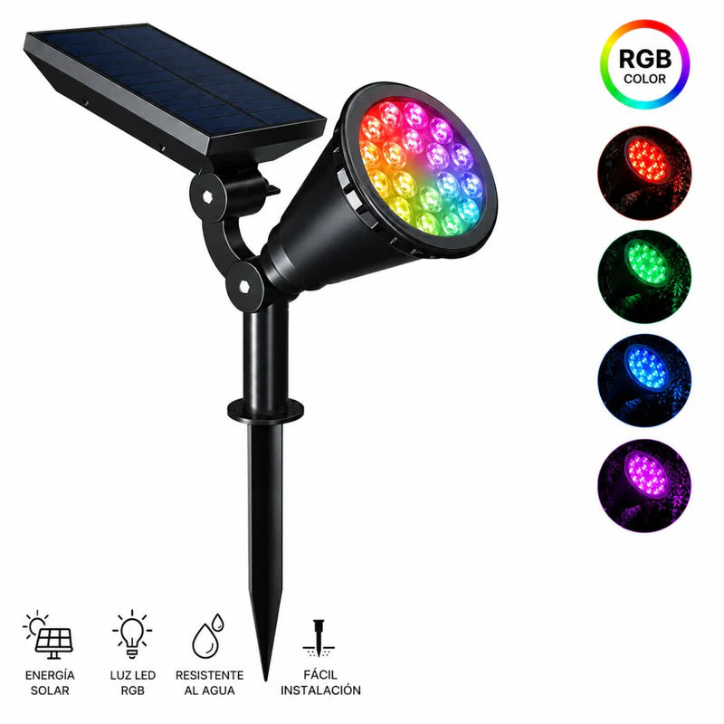 Foco Lampara Solar Para Césped O Pared 18LED RGB. Lampara Negra Con Panel Sol Integrado. Reflector Solar Para Jardín. Ilumina Hasta 7 Metros. UR227