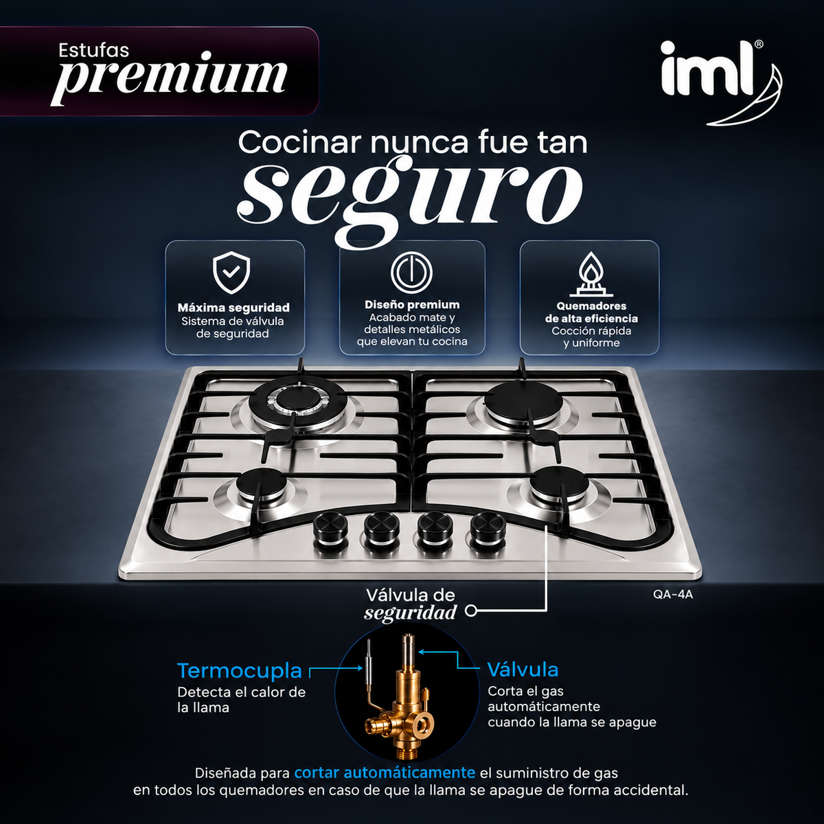 Estufa Empotrable a Gas Premium IML de 4 Quemadores con Válvula de Seguridad Acero Inoxidable QA-4A
