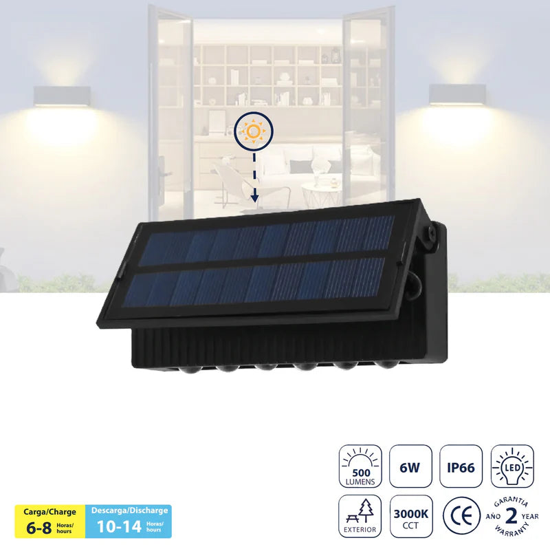 Lámpara De Pared Solar LED 6W 3000K 500Lm Batería 1500Mah .Carga Rápida. Luz Solar Para Exteriores. CL078-SOL-12-6W-30K-Z
