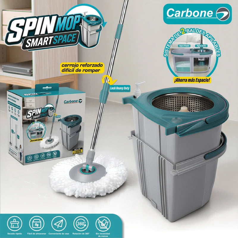 Trapeador Smart Space Spin Mop Giratorio 360° Con Sistema De 2 Baldes Apilables Para Agua Limpia Y Sucia. Fregona Con Mango Ajustable Y 2 Mopas. Carbone Clean Freak UN-C026