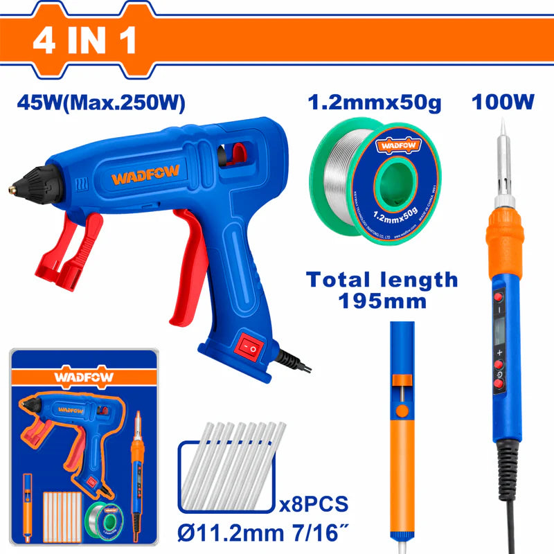 Pistola De Silicona 45W, Carrete Sin Plomo 1.2Mm, Cautín 100W Y Bomba Desoldadora De Aluminio 5.5Mm. Se Vende En SET UWGLS1401 WADFOW