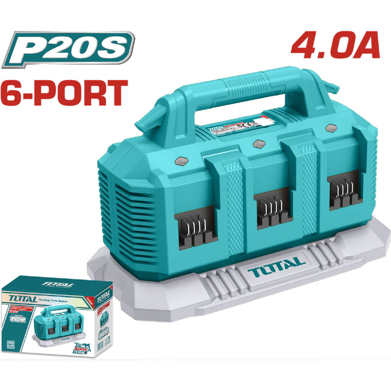 Cargador Rápido De Baterías 20V Con 6 Puertos. Corriente 4A. TOTAL UTFCLI2064 TOTAL