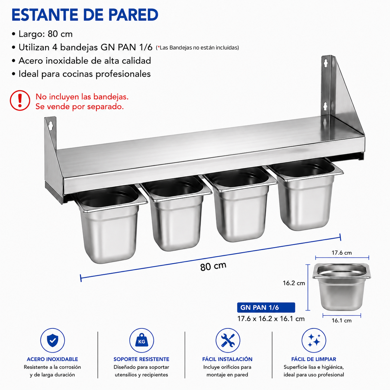 Repisa de Pared con Porta Bandejas GN PAN 1/6 de Acero Inoxidable | Organizador para Cocina Comercial | 80cm |No Incluyen las Bandejas| 330802