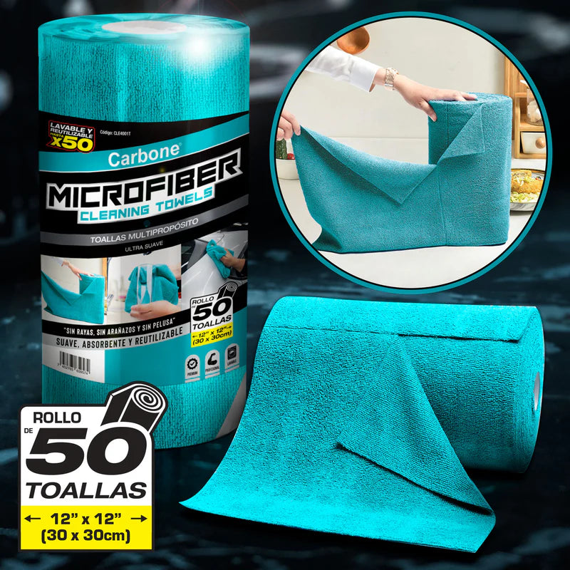 Paños De Microfibra Rollo De 50 Unidades Toallas 12”X12” (30X30cm). Trapos Super Absorbentes - Reutilizables CLE4001T CARBONE