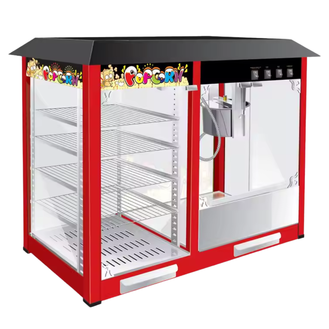 Máquina de Popcorn 6oz 2en1 con Vitrina Calentadora Millo. Palomitas. de 4 Niveles HW-P8 Millo. Palomita de Maíz.