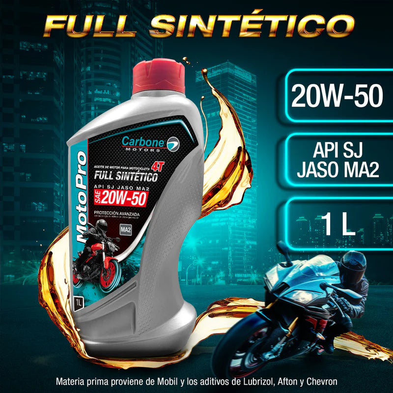 ACEITE PARA MOTO 20W-50 API SJ JASO MA2 FULL SINTETICO PARA MOTOCICLETAS 4T ( 1 LT ). CAR-X100