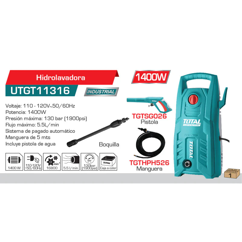 Hidrolavadora De 1900 PSI Potencia De 1400W. 110V 60Htz UTGT11316 TOTAL