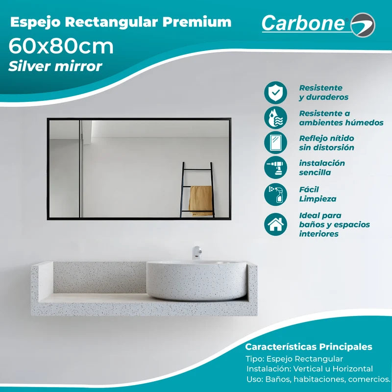 Espejo Rectangular Marco Negro 60 Cm X 80 Cm Instalación Vertical Y Horizontal GMIRROR33