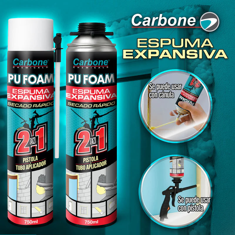 Espuma Expansiva PU Foam Carbone 750 Ml. Curado En 24 Horas. Boquilla Dual De Rosca Para Pistola Y De Tubo Aplicador Manual 2 En 1 FGH888 CARBONE