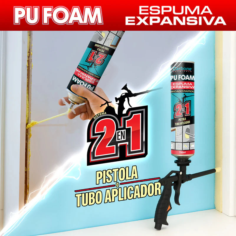 Espuma Expansiva PU Foam Carbone 750 Ml. Curado En 24 Horas. Boquilla Dual De Rosca Para Pistola Y De Tubo Aplicador Manual 2 En 1 FGH888