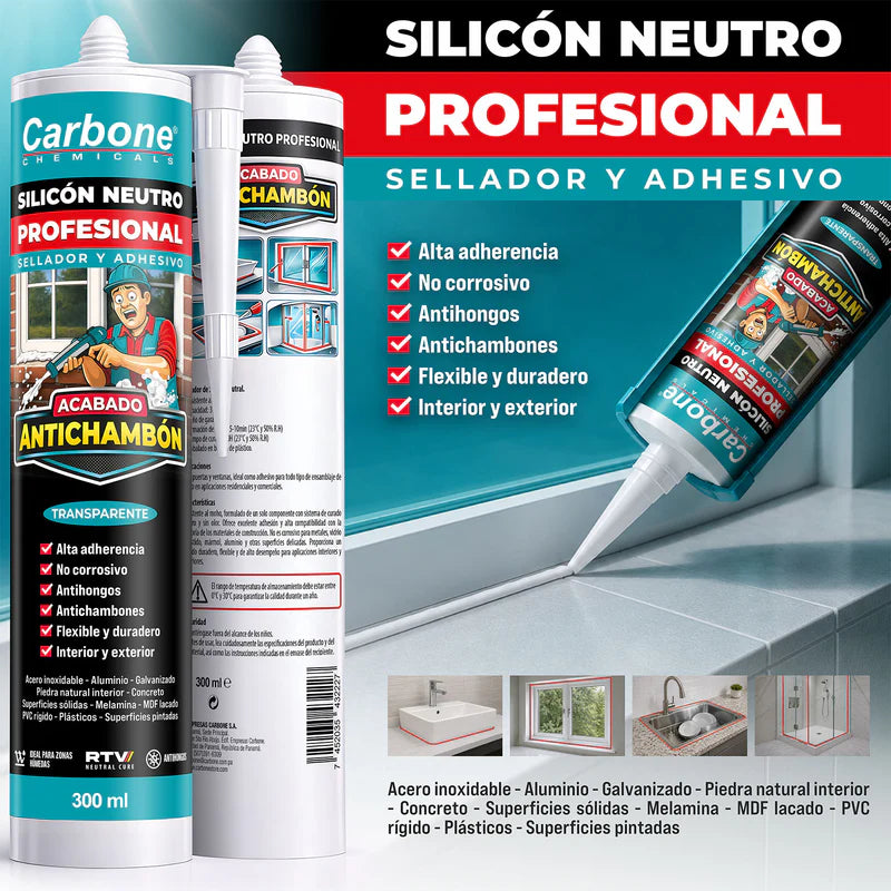Silicón Neutro Transparente Multipropósito Resistente A Rayos UV 300 Ml Calidad Profesional. Sellador Silicona. ANS-01