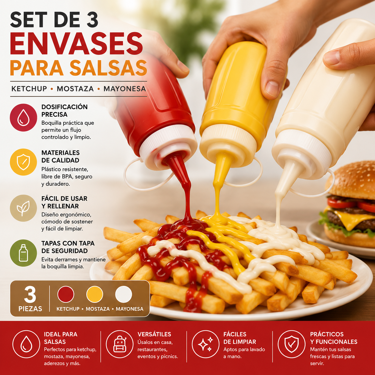 Set de 3 Envases Botellas Dispensador de Salsa 10oz para Ketchup Mayonesa y Mostaza 021-73499