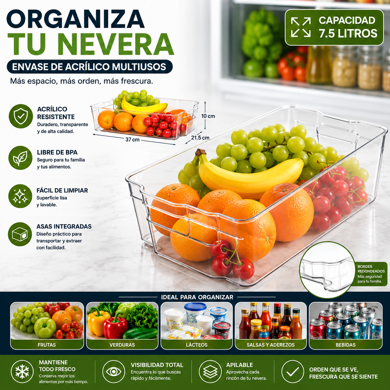 Organizador de Acrílico para Nevera Refrigeradora 37x21.5x10cm LHC-9726