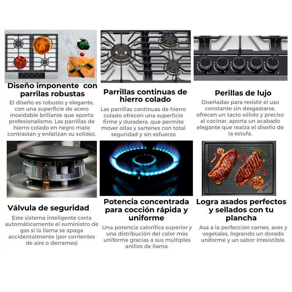 Estufa Empotrable a Gas Drija LAZIO 60 – 4 Quemadores SABAF Acero Inoxidable 304