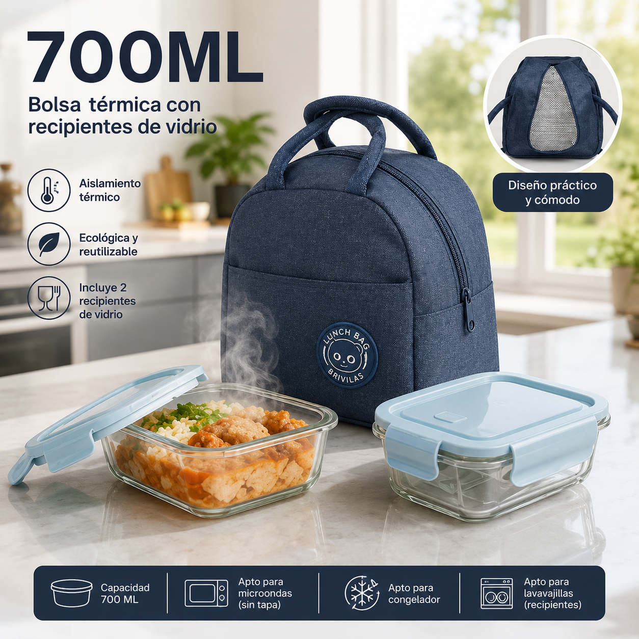 (LLEGANDO 3 DE JULIO) Lonchera Térmica con 2 Envases de Vidrio de 700 ml | Bolsa Porta Alimentos Reutilizable B025-2