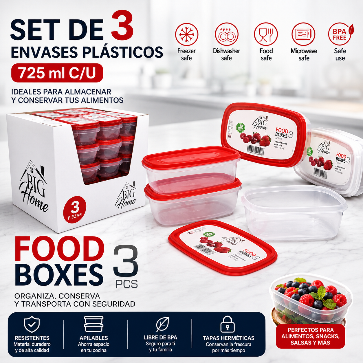 Set 3 Envases con Tapa Plástico Tipo Lonche Lonchera 725ml BG-PRI-010