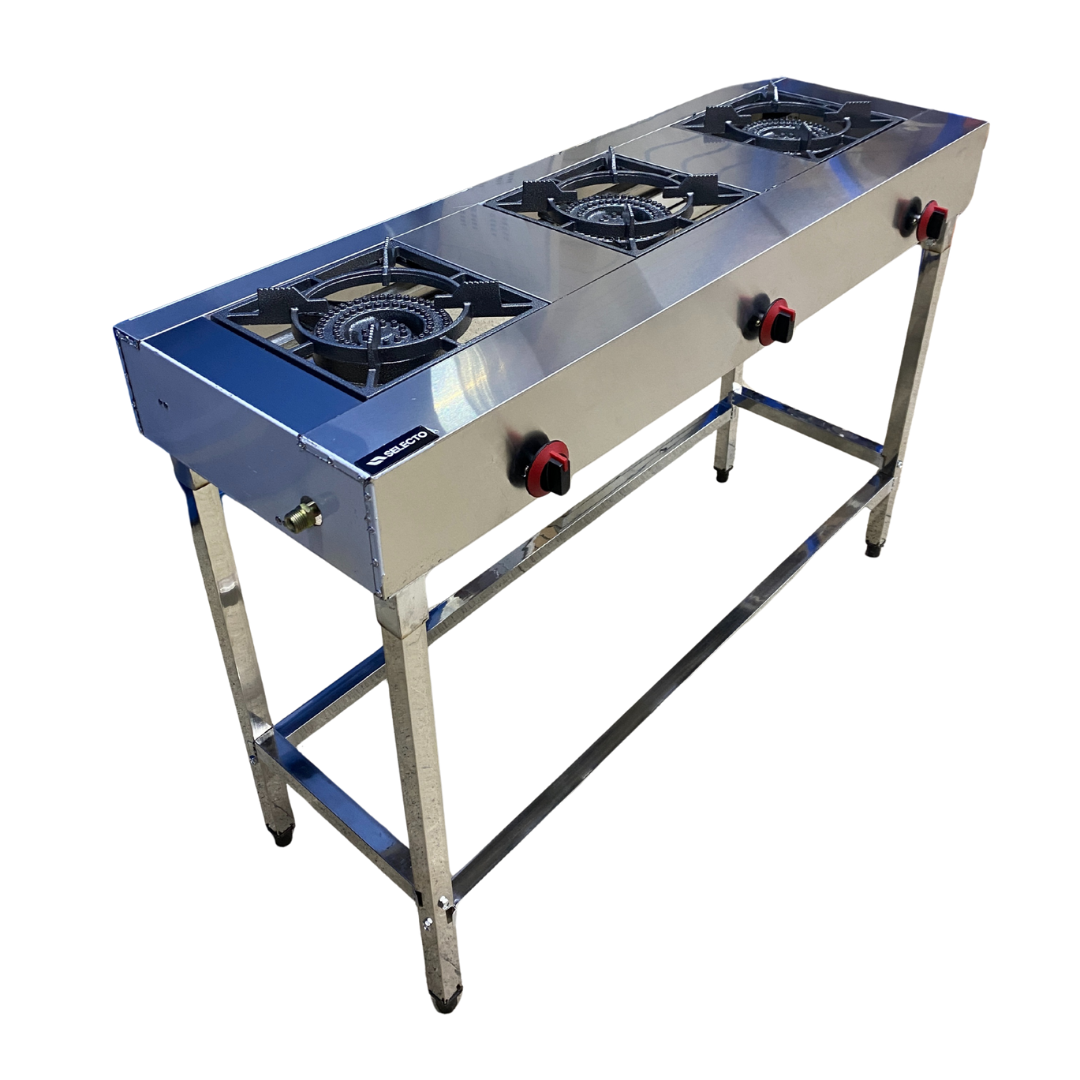 Estufa de 3 Quemadores Lineal a Gas en Acero Inoxidable con Patas 83x120x40cm ACI-300 Industrial. Selecto