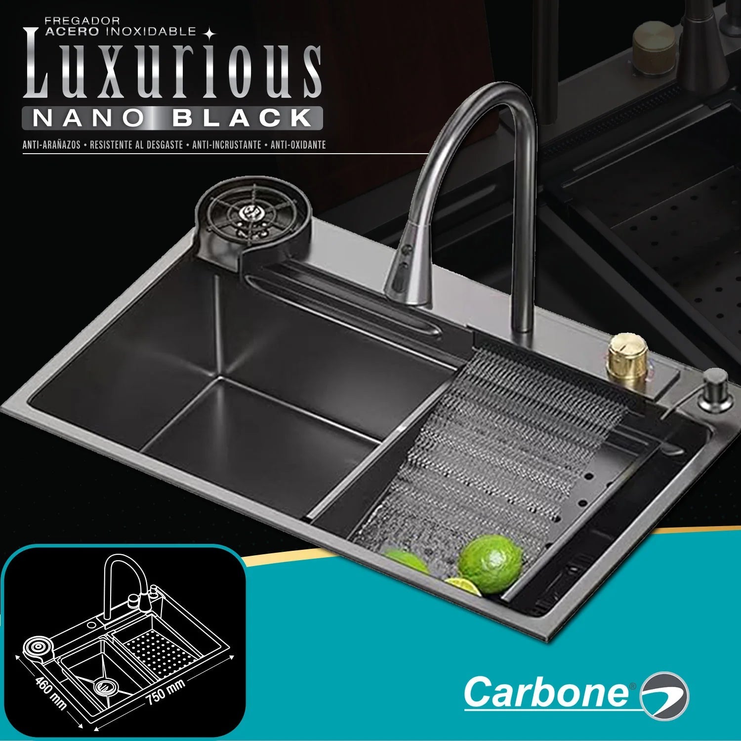 Fregador De Cocina Sencillo Con Accesorios 750X460x220mm Negro Plomo Fregadores Tinas De Cocina IBK-02 CARBONE