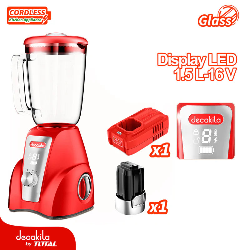Licuadora Inalámbrica Roja 1.5L 300W 16V 2 Velocidades.Jarra De Vidrio. Incluye Batería Y Cargador. Decakila KUJB052R DECAKILA