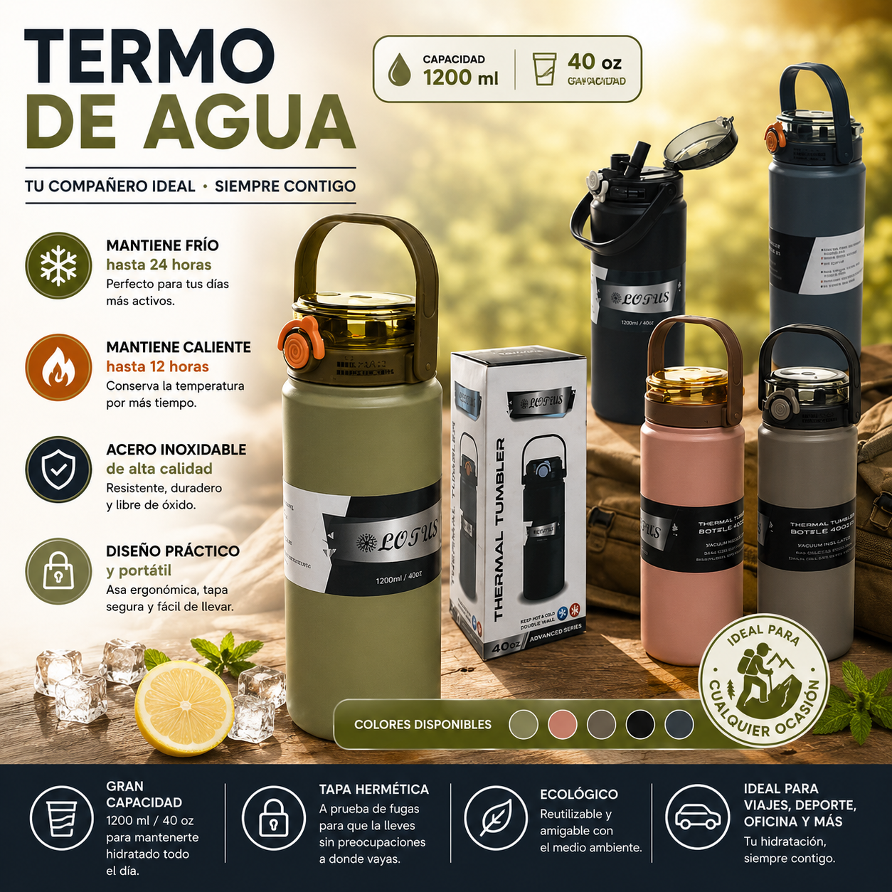 Termo de Agua de Acero Inoxidable 1200ml Lotus 86524