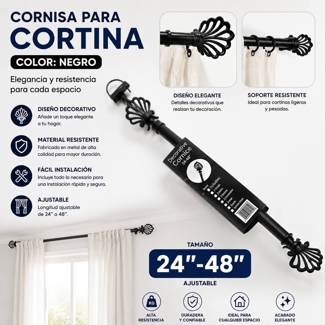 Cortinero de Metal 24x48" Negro ROD-C-303 Cortina. Cornisa.