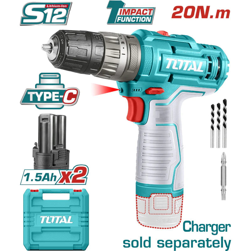 Drill Taladro Inalámbrico 3/8" 12V Función Impacto 0.8-10Mm 20Nm Luz LED. No Incluye Cargador. Super Total TIDLI12202 TOTAL